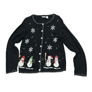 KB & Company snowman holiday black cardigan sweater L